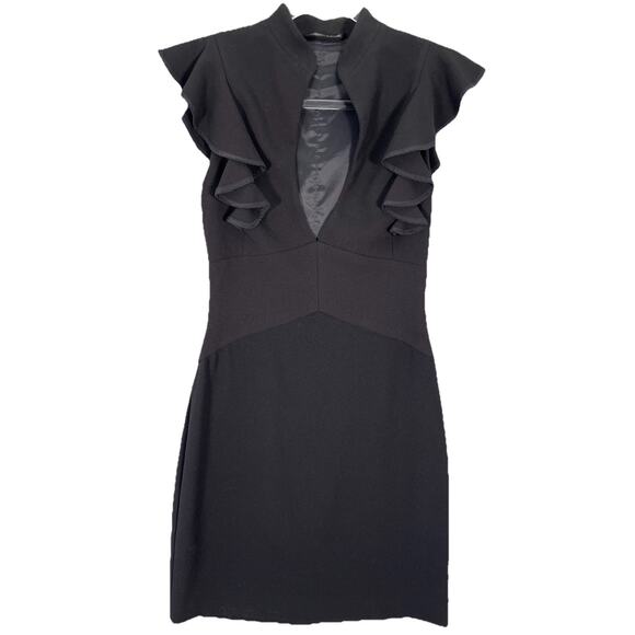 BLACK HALO Eva Ruffle Plunge Midi Dress Sheath Black Size 0 Party Cocktail LBD - Picture 1 of 9